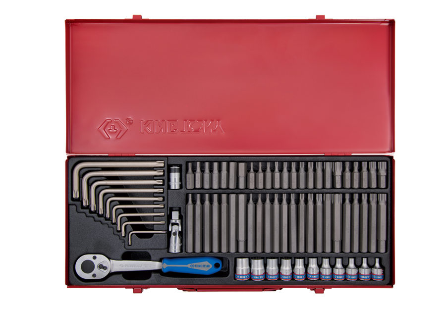 Zestaw bitów 10 mm 69 cz. w kasecie (HEX, TORX, SPLINE + nasadki 3/8" E4 - E18 mm z akcesoriami)